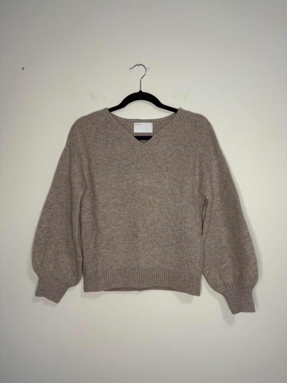 Noble V-Neck Balloon Sleeve Sweater Taupe Women Small